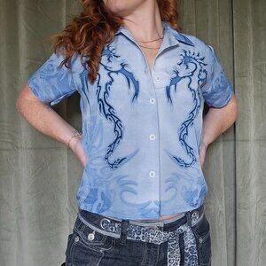 y2k Icy Blue Flaming Dragon Polo